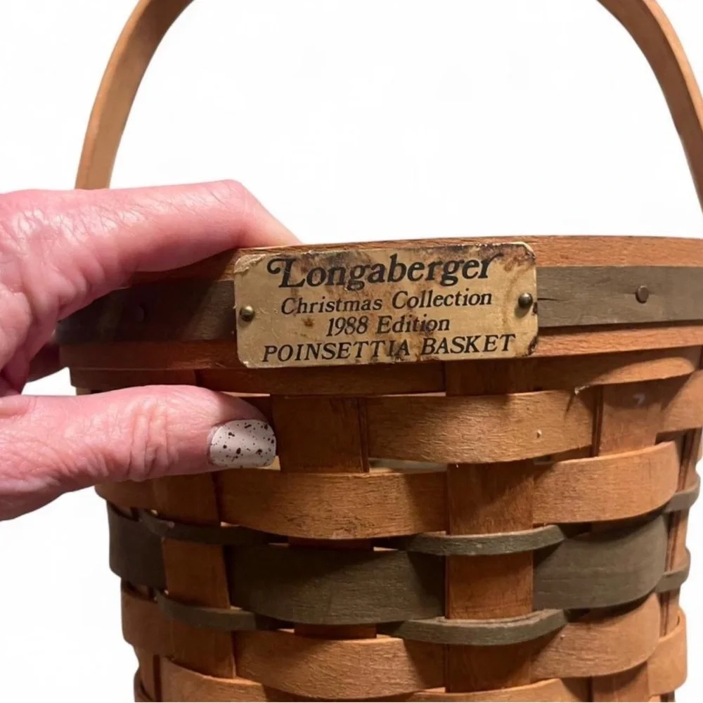 Longaberger Brown and Olive Woven Basket 1988 Christmas Collection Poinsettia